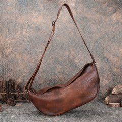 Vintage Brown Mens Sling Bag Leather Saddle - Stitching Detail