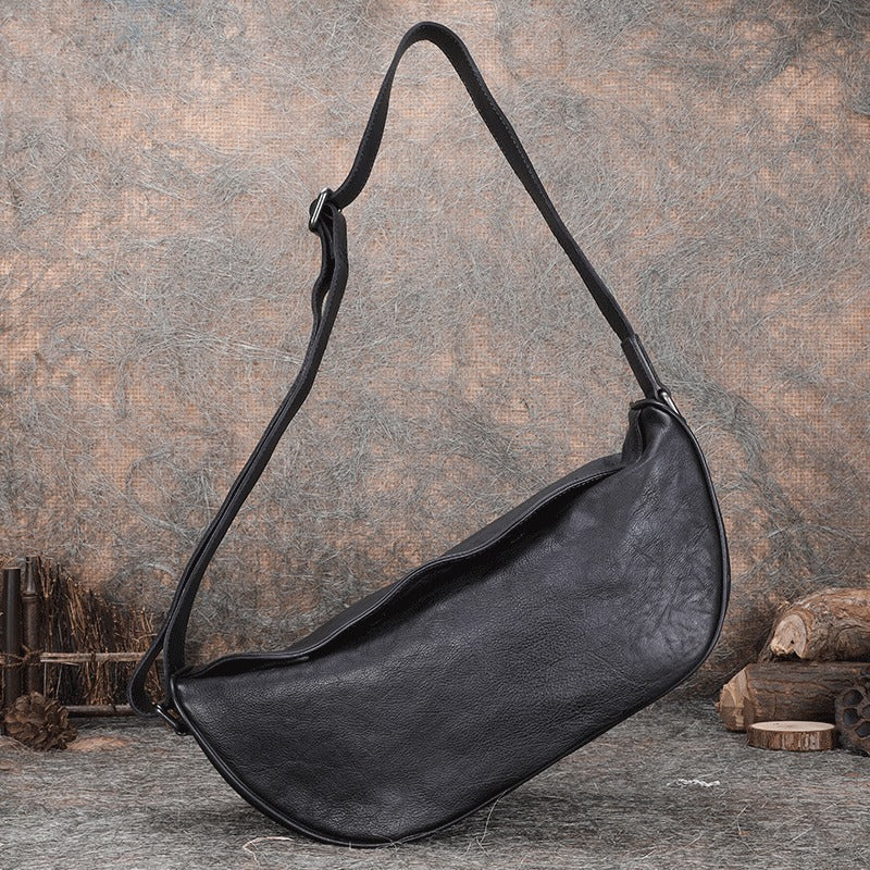 Vintage Brown Mens Sling Bag Leather Saddle - Size Detail