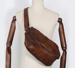 Vintage Mens Sling Bag Leather Saddle Chest Bag Shoulder Purse Crossbody Pack for Men