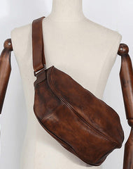 Vintage Mens Sling Bag Leather Saddle Chest Bag Shoulder Purse Crossbody Pack for Men