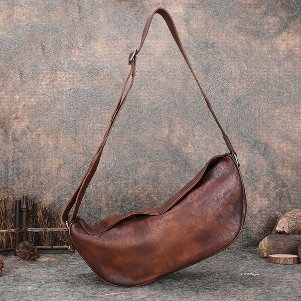 Vintage Brown Mens Sling Bag Leather Saddle - Leather Texture Detail
