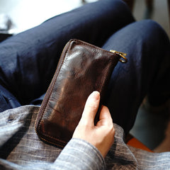 Vintage Coffee Leather Zip Wallet Womens Zip Around Wallets Ladies Zipper Clutch Wallet for Women