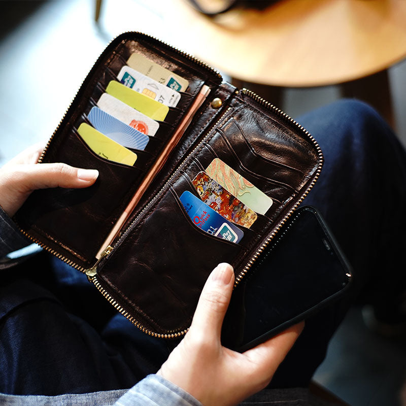 Vintage Coffee Leather Zip Wallet Womens Zip Around Wallets Ladies Zipper Clutch Wallet for Women