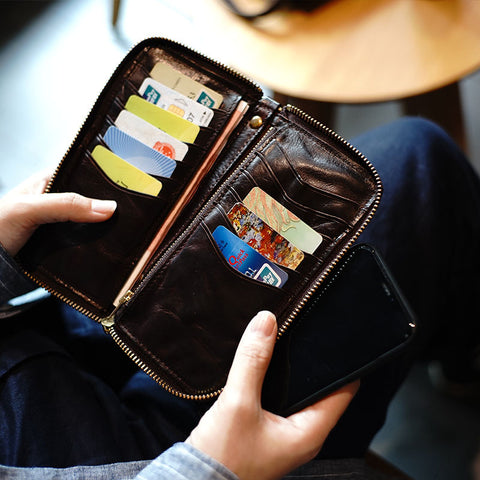 Vintage Coffee Leather Zip Wallet Womens Zip Around Wallets Ladies Zipper Clutch Wallet for Women