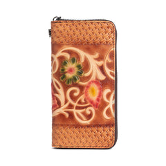 Vintage Floral Brown Leather Wristlet Wallet Womens Zip Around Wallets Floral Ladies Zipper Clutch Wallets for Women