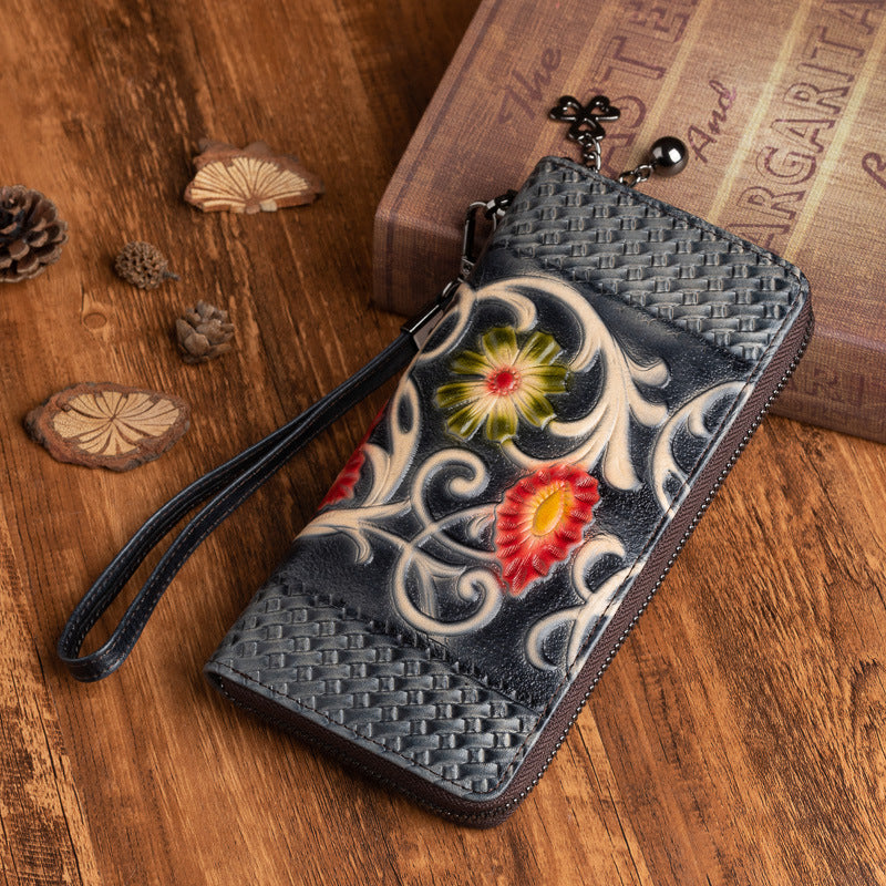 Vintage Floral Leather Wristlet Wallet Womens Zip Around Wallets Floral Ladies Zipper Clutch Wallets for Women