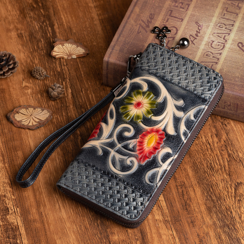 Vintage Floral Black Leather Wristlet Wallet Womens Zip Around Wallets Floral Ladies Zipper Clutch Wallets for Women