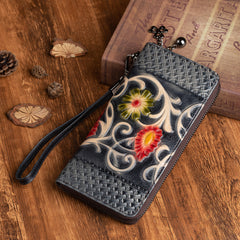 Vintage Floral Brown Leather Wristlet Wallet Womens Zip Around Wallets Floral Ladies Zipper Clutch Wallets for Women