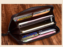 Vintage Floral Black Leather Wristlet Wallet Womens Zip Around Wallets Floral Ladies Zipper Clutch Wallets for Women