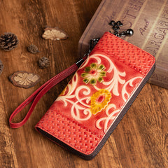 Vintage Floral Brown Leather Wristlet Wallet Womens Zip Around Wallets Floral Ladies Zipper Clutch Wallets for Women