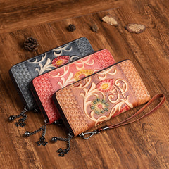 Vintage Floral Red Leather Wristlet Wallet Womens Zip Around Wallets Floral Ladies Zipper Clutch Wallets for Women