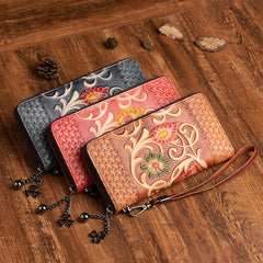 Vintage Floral Leather Wristlet Wallet Womens Zip Around Wallets Floral Ladies Zipper Clutch Wallets for Women