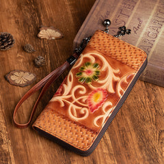 Vintage Floral Brown Leather Wristlet Wallet Womens Zip Around Wallets Floral Ladies Zipper Clutch Wallets for Women