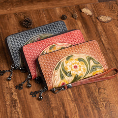 Vintage Floral Brown Leather Wristlet Wallet Womens Flower Zip Around Wallets Floral Ladies Zipper Clutch Wallets for Women