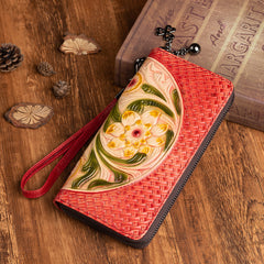 Vintage Floral Brown Leather Wristlet Wallet Womens Flower Zip Around Wallets Floral Ladies Zipper Clutch Wallets for Women