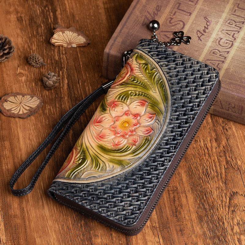 Vintage Floral Red Leather Wristlet Wallet Womens Flower Zip Around Wallets Floral Ladies Zipper Clutch Wallets for Women