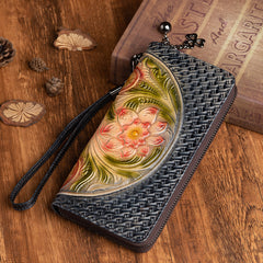 Vintage Floral Brown Leather Wristlet Wallet Womens Flower Zip Around Wallets Floral Ladies Zipper Clutch Wallets for Women