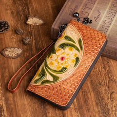 Vintage Floral Leather Wristlet Wallet Womens Flower Zip Around Wallets Floral Ladies Zipper Clutch Wallets for Women