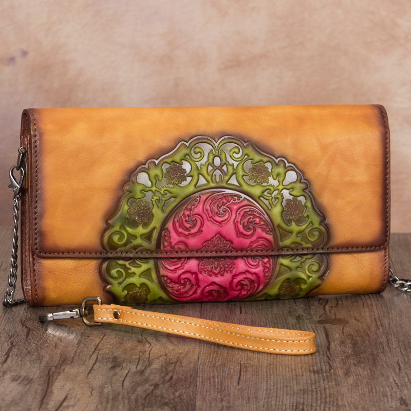 Vintage Floral Tan Leather Wristlet Wallet Womens Floral Shoulder Wallet Purse Zip Purse Chain Shoulder Bag for Women