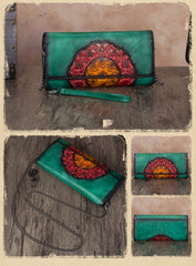 Vintage Floral Tan Leather Wristlet Wallet Womens Floral Shoulder Wallet Purse Zip Purse Chain Shoulder Bag for Women