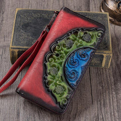 Vintage Floral Green Leather Wristlet Wallets Womens Zip Around Wallet Floral Ladies Zipper Clutch Wallets for Women