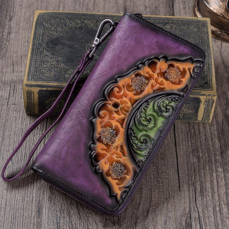 Vintage Floral Tan Leather Wristlet Wallets Womens Zip Around Wallet Floral Ladies Zipper Clutch Wallets for Women