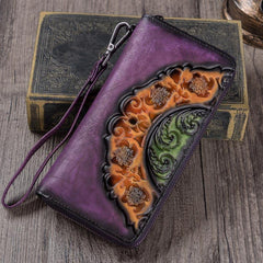 Vintage Floral Tan Leather Wristlet Wallets Womens Zip Around Wallet Floral Ladies Zipper Clutch Wallets for Women