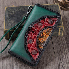 Vintage Floral Green Leather Wristlet Wallets Womens Zip Around Wallet Floral Ladies Zipper Clutch Wallets for Women