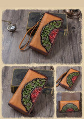 Vintage Floral Green Leather Wristlet Wallets Womens Zip Around Wallet Floral Ladies Zipper Clutch Wallets for Women