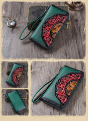 Vintage Floral Green Leather Wristlet Wallets Womens Zip Around Wallet Floral Ladies Zipper Clutch Wallets for Women