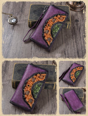 Vintage Floral Purple Leather Wristlet Wallets Womens Zip Around Wallet Floral Ladies Zipper Clutch Wallets for Women