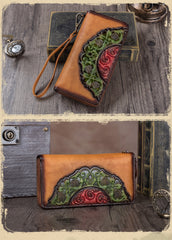 Vintage Floral Tan Leather Wristlet Wallets Womens Zip Around Wallet Floral Ladies Zipper Clutch Wallets for Women