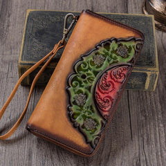 Vintage Floral Tan Leather Wristlet Wallets Womens Zip Around Wallet Floral Ladies Zipper Clutch Wallets for Women