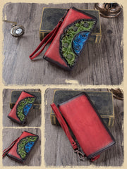 Vintage Floral Red Leather Wristlet Wallets Womens Zip Around Wallet Floral Ladies Zipper Clutch Wallets for Women