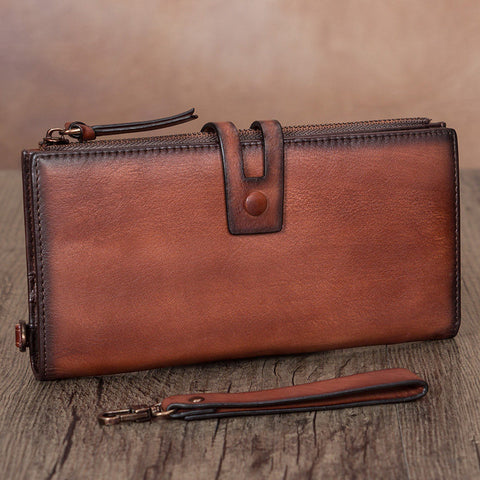 Vintage Tan Leather Wristlet Wallet Womens Wallet Bifold Long Clutch Wallet for Women