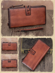 Vintage Coffee Leather Wristlet Wallet Womens Wallet Bifold Long Clutch Wallet for Women