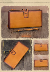 Vintage Tan Leather Wristlet Wallet Womens Wallet Bifold Long Clutch Wallet for Women