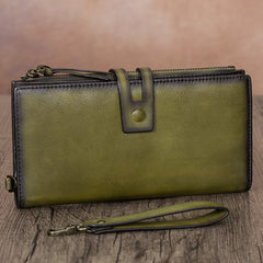 Vintage Green Leather Wristlet Wallet Womens Wallet Bifold Long Clutch Wallet for Women