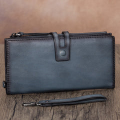 Vintage Gray Leather Wristlet Wallet Womens Wallet Bifold Long Clutch Wallet for Women