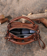 Vintage Brown Leather Womens Satchel Shoulder Bag - Size Detail