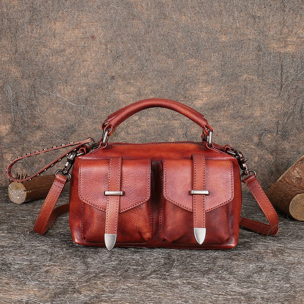 Vintage Leather Womens Satchel Shoulder Bag Handbag - Chain Detail