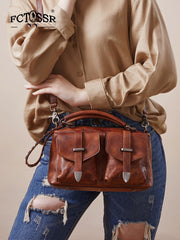 Vintage Brown Leather Womens Satchel Shoulder Bag - Stitching Detail