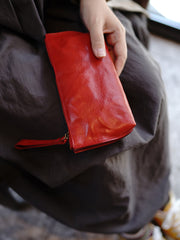 Vintage Red Leather Wristlet Wallet Womens Zip Around Wallets Red Ladies Zipper Clutch Wallet for Women