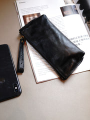 Vintage Black Leather Wristlet Wallet Womens Zip Around Wallets Black Ladies Zipper Clutch Wallet for Women