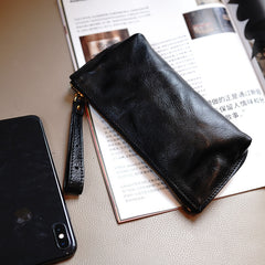 Vintage Black Leather Wristlet Wallet Womens Zip Around Wallets Black Ladies Zipper Clutch Wallet for Women