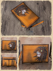 Vintage Handmade Tan Leather Wristlet Wallet Womens Lion Large Zip Purse Zipper Clutch Bag for Women