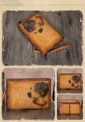 Vintage Handmade Tan Leather Wristlet Wallet Womens Dog Large Zip Purse Zipper Clutch Bag for Women