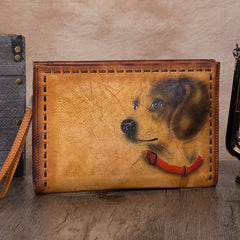 Vintage Handmade Tan Leather Wristlet Wallet Womens Lion Large Zip Purse Zipper Clutch Bag for Women