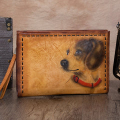 Vintage Handmade Tan Leather Wristlet Wallet Womens Dog Large Zip Purse Zipper Clutch Bag for Women