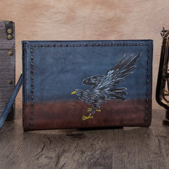 Vintage Handmade Blue Leather Wristlet Wallet Womens Eagle Large Zip Purse Zipper Clutch Bag for Women
